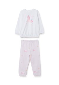 Maglietta bianca a maniche lunghe per bambini con unicorno rosa e scritta "Vivi la tua vita come un sogno", abbinata a pantaloni rosa a righe con piccoli disegni di unicorni.