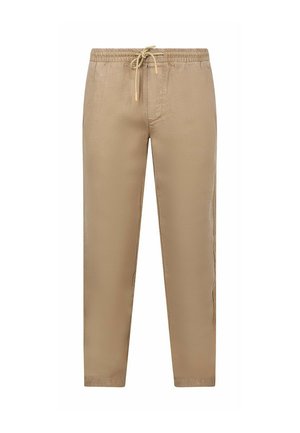Beige broek met elastische taille en trekkoord, rechte pijpen en subtiele naaddetails op een witte achtergrond.