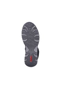 Black shoe sole featuring a rugged tread pattern, with gray accents and a red logo. The surface is textured for grip and durability.