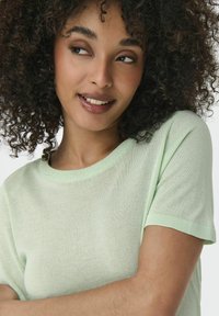 Top a maglia verde menta chiaro con maniche corte e collo rotondo. Texture morbida con una lieve qualità trasparente.