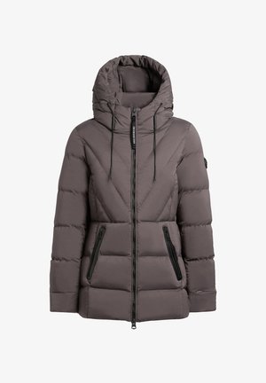 Zateplená šedá bunda na zip s vysokým límcem, kapucí a černými kapsami na zip. Obsahuje vzor ve tvaru šípu a nastavitelné stahovací šňůrky.