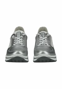 Silver athletic shoes with a smooth metallic finish, white laces, padded tongues, and textured soles. Features a contrasting white stripe design.