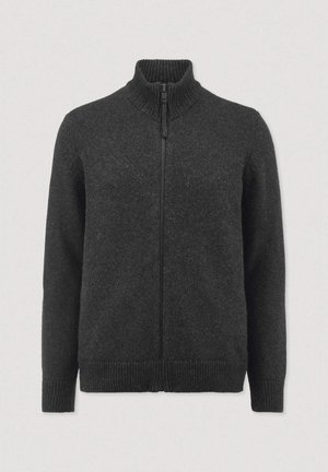 Schwarzer Reißverschluss-Pullover mit hohem geripptem Kragen und gerippten Bündchen, aus weichem Strickstoff gefertigt, mit glatter текстur und figurbetonter Silhouette.