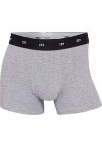 Grå bomuldsboxer med en sort elastisk linning, der har præget CR7-branding. Glat tekstur og tætsiddende design.