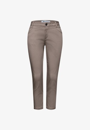Beige enkellange slim-fit broek met voorzakken, riemlussen en een knoopsluiting.
