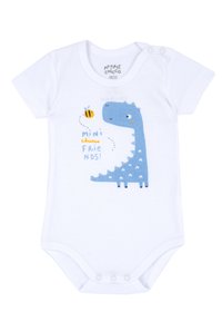 Bílý bavlněný dětský overal s modrou karikaturou dinosaura a grafikou včely, s hravým textem "mini přátelé", krátké rukávy, patentky.