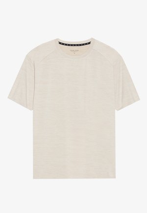 Camiseta curta em tom bege claro, feita de tecido texturizado, com decote redondo e mangas raglan. Padrão sutil de riscas horizontais.