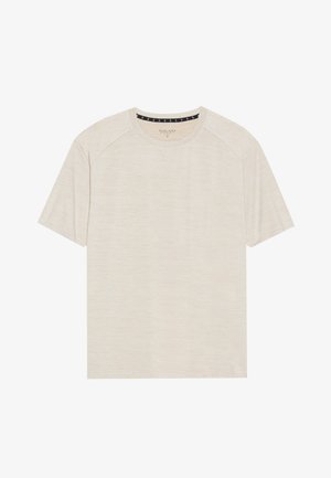 Light beige short-sleeve T-shirt made of textured fabric, featuring a round neckline and raglan sleeves. Subtle horizontal stripe pattern.