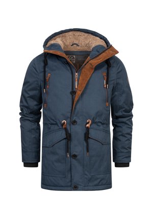 Marineblaue Winterparka-Jacke mit braunen Corduroy-Akzenten, gefütterter Kapuze aus Kunstfell, Reißverschluss und Knopfverschluss, sowie mehreren Reißverschluss- und Klapptaschen.