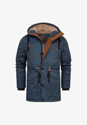 Marineblauwe winterparka met bruine corduroy-afwerking, nep-bont voering van de capuchon, rits- en knoopsluiting aan de voorkant, en meerdere rits- en flapzakken.