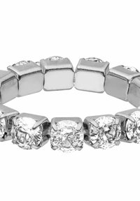 Zilverkleurige armband met afwisselend vierkante metalen schakels en ronde, facetgeslepen heldere stenen, wat zorgt voor een geometrisch en textuurrijk ontwerp.