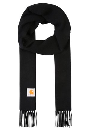Sort uldsjal med frynser i enderne og et lille orange og hvidt Carhartt-logo nær den ene frynse.