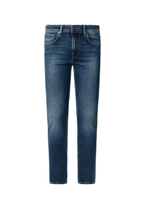 Blue denim jeans with a straight fit, five-pocket design, and contrasting stitching. Features a zipper fly and belt loops.