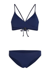 Marinblå bikini-set med en triangel-bh med justerbara axelremmar och knytband, samt matchande lågt skurna bikiniunderdelar.