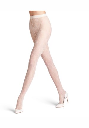 Durchsichtige weiße Strumpfhosen mit einem zarten floralen Spitzenmuster, einer glatten Textur und einem breiten Bund, kombiniert mit weißen High Heels.