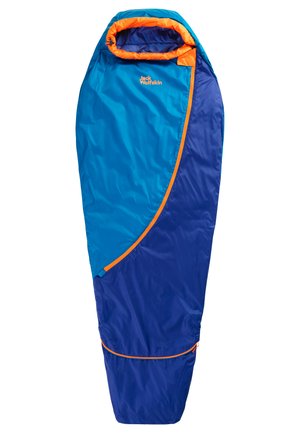 Blauwe en turquoise slaapzak met oranje accenten, voorzien van een taps toelopend ontwerp, gestikte voering en een verstelbare capuchon.