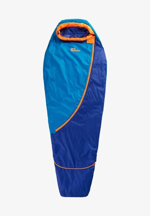 Sac de couchage bleu et turquoise avec des accents orange, présentant un design effilé, une doublure cousue et une capuche ajustable.