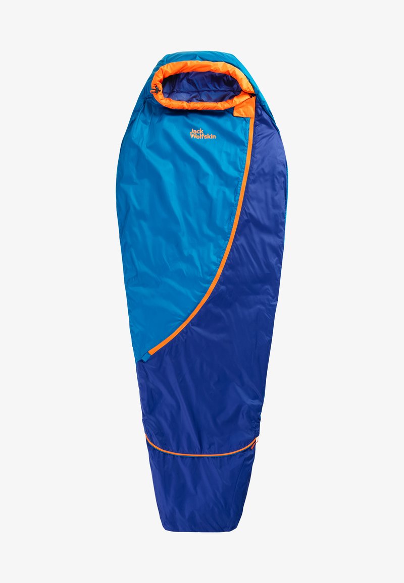 Sac de couchage bleu et turquoise avec des accents orange, présentant un design effilé, une doublure cousue et une capuche ajustable.