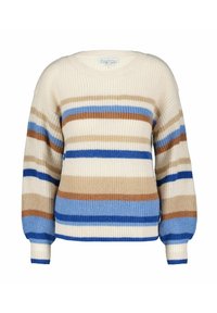 Strickpullover in Creme, Braun und blauen Streifen. Mit einem runden Halsausschnitt, langen Ärmeln sowie gerippten Bündchen und Saum. Strukturiertes Garn.