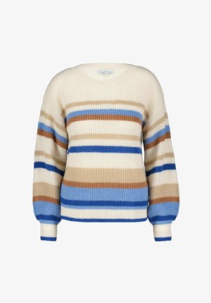 Strikket sweater i creme, brun og blå striber. Har en rund halsudskæring, lange ærmer og ribbede manchetter og kant. Tekstureret garn.