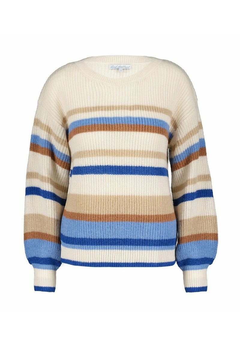 Strickpullover in Creme, Braun und blauen Streifen. Mit einem runden Halsausschnitt, langen Ärmeln sowie gerippten Bündchen und Saum. Strukturiertes Garn.