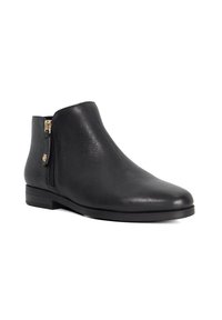 Black leather ankle boot with side zipper, smooth rounded toe, low heel, and textured back panel.