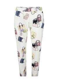 Witte stoffen broek met een herhaald patroon van verschillende handtassen in pastelkleuren en zwarte accenten. Elastische tailleband, slim fit ontwerp.