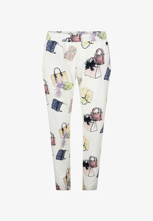 Witte stoffen broek met een herhaald patroon van verschillende handtassen in pastelkleuren en zwarte accenten. Elastische tailleband, slim fit ontwerp.
