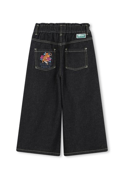 Culottes en denim noir avec une taille haute. Dotés d'une broderie florale colorée et du logo "KENZO PARIS" sur la poche arrière.