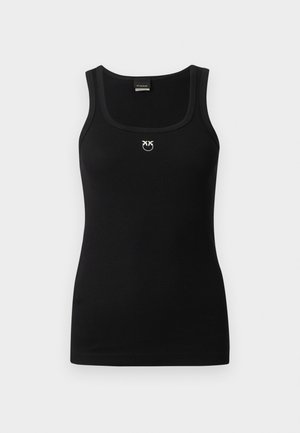 Top de tirantes negro con textura acanalada, escote redondo y pequeño logo blanco con dos pájaros centrado debajo del escote.