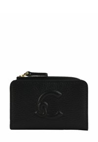 Portefeuille en cuir noir zippé avec finition texturée, présentant un logo embossé. Forme rectangulaire compacte avec fermeture éclair et bords lisses.