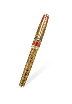 Pix de lux cu clemă aurie, design baroc roșu și aur pe capac, model cu imprimeu de leopard pe corp și logo Versace aproape de partea superioară.
