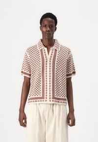 Abercrombie & Fitch Crochet-Style Border Stripe Button-Through Sweater Polo - Button down-skjorte - nutmeg/oatmeal