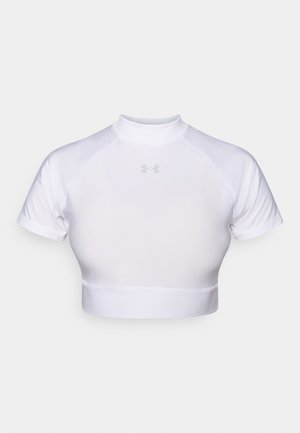 White cropped athletic shirt made of smooth, stretchy fabric. Features a high neck, short sleeves, and a subtle gray logo on the chest.