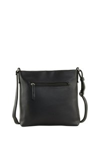 Schwarze Leder-Crossbody-Tasche mit strukturierter Oberfläche, ausgestattet mit einer Front-Reißverschlusstasche, einem verstellbaren Tragegurt und einer schlichten rechteckigen Form.