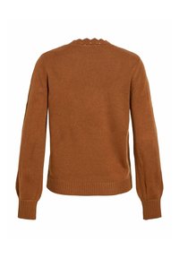 Pull en maille marron à manches longues avec poignets et ourlet côtelés, et un bord festonné discret à l'encolure, vu de dos.