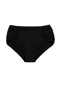Schwarze, hochgeschnittene Bikiniunterteile aus weichem, dehnbarem Stoff. Mit seitlichem Raffung für zusätzliche Textur und einer glatten Innenverarbeitung.