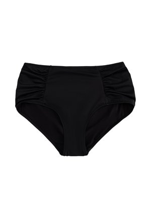 Mustat korkeavyötäröiset bikinit, jotka on valmistettu pehmeästä ja joustavasta kankaasta. Sivussa on rypytys, joka lisää tekstuuria, ja sisäpuolella on sileä viimeistely.