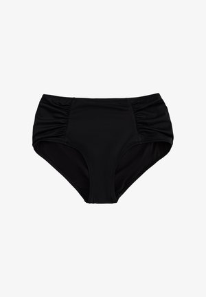 Bañador de bikini negro de cintura alta, hecho de una tela suave y elástica. Presenta fruncidos en los laterales para añadir textura y un acabado interior suave.
