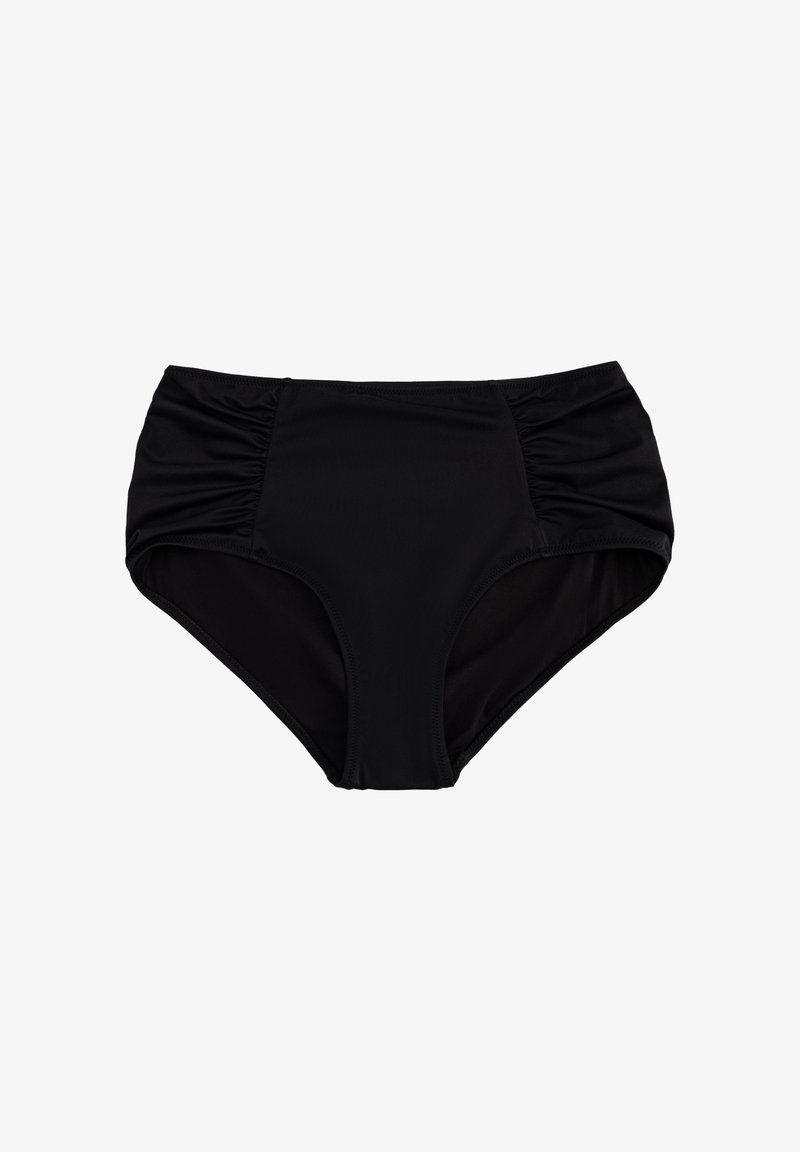 Czarne bikini o wysokim stanie, wykonane z miękkiej, elastycznej tkaniny. Posiada boczne marszczenia, które dodają faktury oraz gładkie wykończenie wewnętrzne.