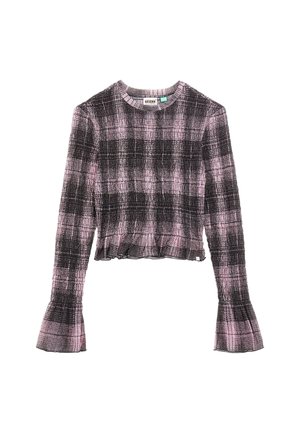 Top a maniche lunghe in tessuto a quadri rosa e nero con scollatura rotonda e maniche a campana, etichettato Guess Eco.