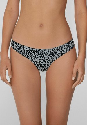 Bikini-Unterteil in Leopardenmuster in Grau und Schwarz. Weicher Stoff mit einem glatten Bund. Bietet einen niedrigen Schnitt und ein Design mit minimaler Bedeckung.