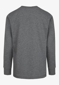 Grijze langemouwen t-shirt van zacht materiaal, met een ronde hals en geribbelde manchetten, effen achterkant zonder patronen of graphics.