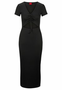Robe midi noire côtelée à manches courtes, col en V et design avec découpe et liens ajustables à la taille. Texture lisse sur toute la surface.