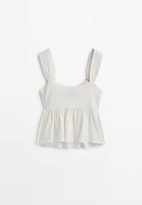 Jasnobeżowa bluzka z baskinką wykonana z miękkiego materiału. Posiada szerokie ramiączka z złotymi akcentami oraz marszczoną dolną część, tworzącą zwiewną sylwetkę.