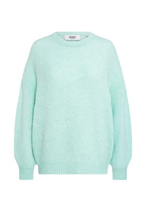 Light turquoise chunky knit sweater with long sleeves, ribbed cuffs and hem, and a round neckline.