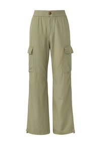 Helle grüne Cargo-Hose mit weit geschnittenem Bein. Verfügt über einen elastischen Bund und zwei seitliche Cargo-Taschen mit Klappen zur Aufbewahrung.