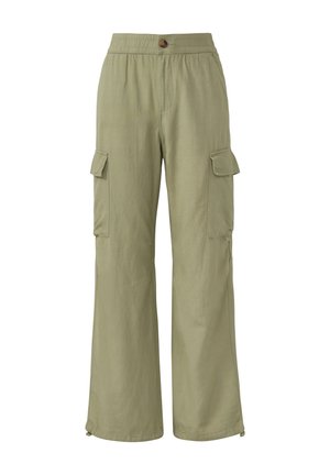 Light green cargo pants with a wide leg design. Features an elastic waistband and two side cargo pockets with flaps for storage.