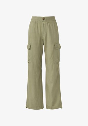 Light green cargo pants with a wide leg design. Features an elastic waistband and two side cargo pockets with flaps for storage.
