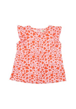 Rosa ärmelloses Kleinkindkleid mit gerafften Schultern, bedeckt mit verstreuten roten Herzmustern.